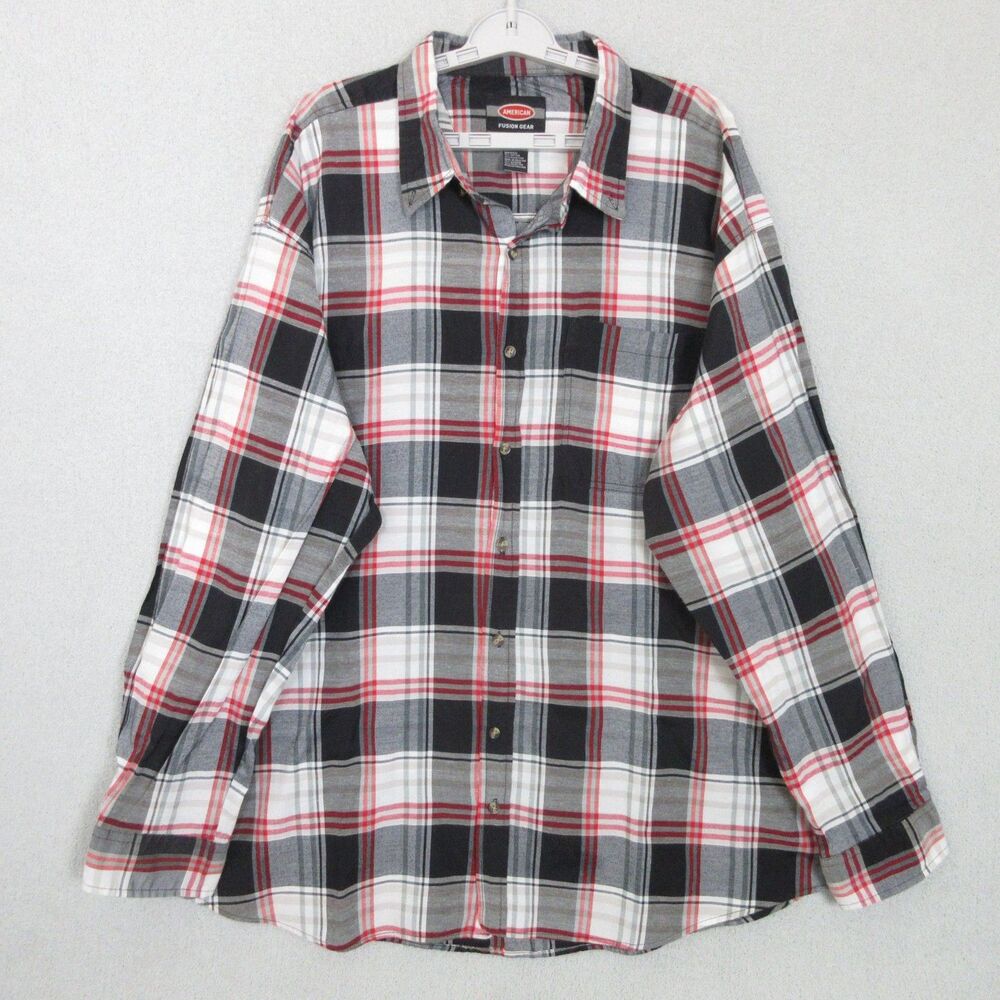 American Fusion Gear Shirt Mens 4XL Plaid Long Sleeve Button Down Red Black Gray